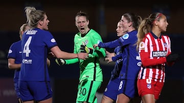 KINGSTON UPON THAMES, ENGLAND - MARCH 03: Ann-Katrin Berger of Chelsea celebrates with team mates after Deyna Castellanos of Atletico Madrid misses a penalty during the Women&#039;s UEFA Champions League Round of 16 match between Chelsea FC Women and Atle