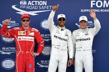 Kimi Raikkonen, Lewis Hamilton y Valtteri Bottas los tres primeros de la clasificaci¨®n.