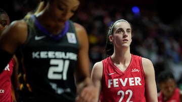 UNCASVILLE, CONNECTICUT - SEPTEMBER 25: Caitlin Clark #22 of the Indiana Fever looks on as she plays the Connecticut Sun during the first quarter of Game Two of the 2024 WNBA Playoffs first round at Mohegan Sun Arena on September 25, 2024 in Uncasville, Connecticut. Joe Buglewicz/Getty Images/AFP (Photo by Joe Buglewicz / GETTY IMAGES NORTH AMERICA / Getty Images via AFP)