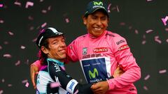 Nairo Quintana y Rigoberto Ur&aacute;n en el podio del Giro de Italia 2014