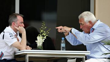 BAHRAIN, BAHRAIN - APRIL 08:  Lawrence Stroll talks with Paddy Lowe, Chief Technical Officer of Williams F1 in the Paddock before the Bahrain Formula One Grand Prix at Bahrain International Circuit on April 8, 2018 in Bahrain, Bahrain.  (Photo by Charles 