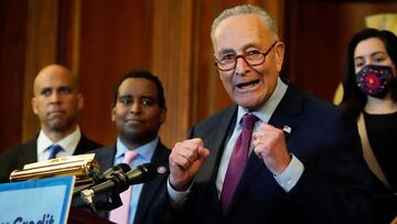 U.S. Senate Majority Leader Chuck Schumer speaks during a news conference with mothers helped by Child Tax Credit payments.