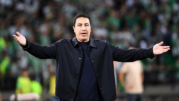 Nacional's Mexican head coach Efrain Juarez gestures during the Colombian League second leg football final match between Atletico Nacional and Deportes Tolima at the Atanasio Girardot Stadium in Medellin, Colombia on December 22, 2024. (Photo by Jaime SALDARRIAGA / AFP)