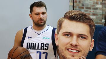 Slovenian player Luka Doncic (L) of the Dallas Mavericks poses with a cut out of his face during the Dallas Mavericks Media Day, in Dallas, Texas, USA, 29 September 2023.