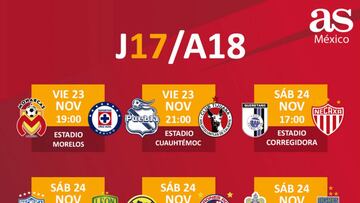 Fechas y horarios de la jornada 17 del Apertura 2018 de la Liga MX