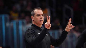 Apr 10, 2022; Denver, Colorado, USA; Los Angeles Lakers head coach Frank Vogel signals in the second quarter against the Denver Nuggets at Ball Arena. Mandatory Credit: Ron Chenoy-USA TODAY Sports