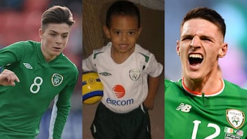 Jack Grealish, Jude Bellingham y Declan Rice, con las camisetas de la Selección irlandesa.