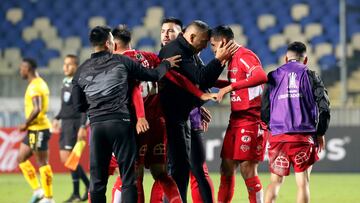 Futbol, Nublense vs Aucas.
Fase de grupos, Copa Libertadores 2023.
Los jugadores de Nublense celebran durante el partido del grupo A de Copa Libertadores contra Aucas disputado en el estadio Ester Roa de Concepcion, Chile.
02/05/2023
Marco Vasquez/Photosport
Football, Nublense vs Aucas.
2023 Copa Libertadores Championship.
Nublenses players celebrates during the Copa Libertadores group A match against Aucas at the Ester Roa stadium in Concepcion, Chile.
02/05/2023
Marco Vasquez/Photosport