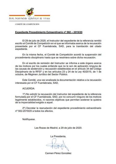 Más lío: Competición desestima la recusación del Fuenlabrada al instructor y seguirá investigando