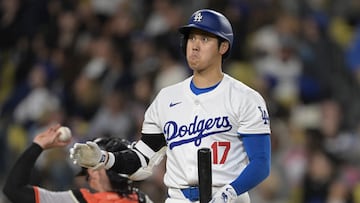 Apr 2, 2024; Los Angeles, California, USA; Los Angeles Dodgers designated hitter Shohei Ohtani (17) at bat in the third inning against the San Francisco Giants at Dodger Stadium. Mandatory Credit: Jayne Kamin-Oncea-USA TODAY Sports