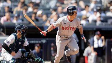 NEW YORK, NEW YORK - SEPTEMBER 14: Masataka Yoshida #7 of the Boston Red Sox follows through on his fifth inning two run single against the New York Yankees at Yankee Stadium on September 14, 2024 in New York City. Jim McIsaac/Getty Images/AFP (Photo by Jim McIsaac / GETTY IMAGES NORTH AMERICA / Getty Images via AFP)
