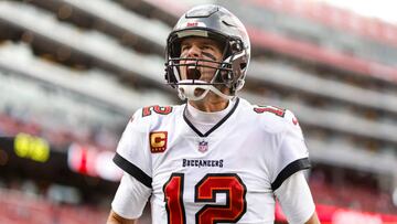 SANTA CLARA, CALIFORNIA - DECEMBER 11: Tom Brady #12 of the Tampa Bay Buccaneers reacts prior to an NFL football game between the San Francisco 49ers and the Tampa Bay Buccaneers at Levi's Stadium on December 11, 2022 in Santa Clara, California. (Photo by Michael Owens/Getty Images)