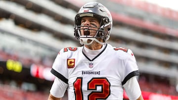 SANTA CLARA, CALIFORNIA - DECEMBER 11: Tom Brady #12 of the Tampa Bay Buccaneers reacts prior to an NFL football game between the San Francisco 49ers and the Tampa Bay Buccaneers at Levi's Stadium on December 11, 2022 in Santa Clara, California. (Photo by Michael Owens/Getty Images)