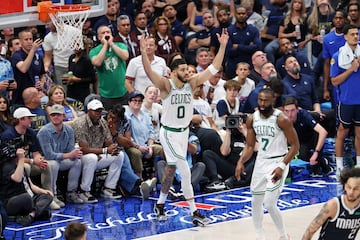 Jun 12, 2024; Dallas, Texas, USA; Boston Celtics forward Jayson Tatum (0) reacts after a play against the Dallas Mavericks during the third quarter during game three of the 2024 NBA Finals at American Airlines Center. Mandatory Credit: Kevin Jairaj-USA TODAY Sports