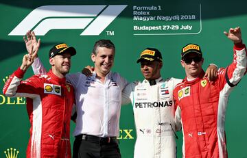 Lewis Hamilton, Sebastian Vettel y Kimi Raikkonen en el podio. 