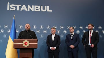 Ukrainian Defence Minister Rustem Umerov, who leads the Ukrainian delegation, speaks suring a press conference at Ciragan Palace, on the day of the second round of peace talks between Russia and Ukraine, in Istanbul, Turkey, June 2, 2025. REUTERS/Cagla Gurdogan