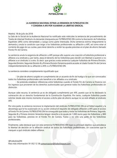 La AN estima la demanda de 'Futbolistas ON' contra la AFE