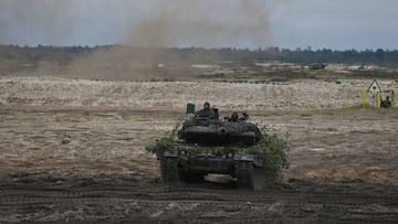 NOWA DEBA, POLAND - SEPTEMBER 21: The Leopard battle tank used by the Polish army, seen on the second day of joint military exercises, at the training ground in Nowa Deba, Poland on September 21, 2022. Thousands of soldiers from Poland, the USA and Great Britain take part in the joint military exercise 'Bear 22' in eastern Poland, the purpose of which is to strengthen interoperability and allied cooperation and obtain the NATO CREVAL certificate. (Photo by Artur Widak/Anadolu Agency via Getty Images)