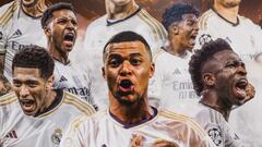 Montaje con los ocho atacantes del Real Madrid en la temporada 2024-25: Mbappé, Vinicius, Rodrygo, Bellingham, Endrick, Joselu, Brahim y Güler.