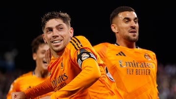 LEGANÉS (MADRID), 24/11/2024.- El centrocampista uruguayo del Real Madrid, Federico Valverde, celebra el segundo gol del equipo madridista durante el encuentro correspondiente a la jornada 14 de Laliga EA Sports que disputan hoy domingo Leganés y Real Madrid en el estadio de Butarque, en Leganés. EFE / Sergio Pérez.