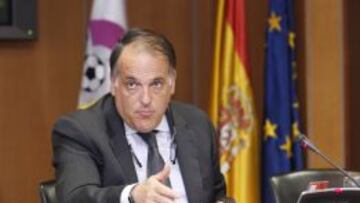 Javier Tebas, en la comparecencia de prensa posterior a la Asalmblea General Extraordinaria de la Liga.