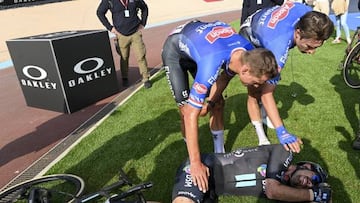 Dutch Mathieu van der Poel of Alpecin-Deceuninck, Belgian Jasper Philipsen of Alpecin-Deceuninck and German John Degenkolb of Team DSM pictured in action during the men's elite race of the 'Paris-Roubaix' cycling event, 256,6km from Compiegne to Roubaix, France on Sunday 09 April 2023. BELGA PHOTO POOL FRANK FAUGERE (Photo by POOL FRANK FAUGERE / BELGA MAG / Belga via AFP) (Photo by POOL FRANK FAUGERE/BELGA MAG/AFP via Getty Images)