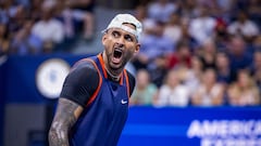 Australia's Nick Kyrgios reacts during his 2022 US Open Tennis tournament men's singles Round of 16 match against Russia's Daniil Medvedev at the USTA Billie Jean King National Tennis Center in New York, on September 4, 2022. (Photo by COREY SIPKIN / AFP)