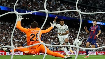 Real Madrid's French forward #10 Kylian Mbappe scores a goal, eventually disallowed, during the Spanish league football match between Real Madrid CF and FC Barcelona at Santiago Bernabeu Stadium in Madrid on October 26 , 2025. (Photo by Oscar DEL POZO / AFP)