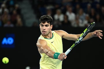 Carlos Alcaraz of Spain in action during his 4th round match against Miomir Kecmanovic of Serbia at the 2024 Australian Open 