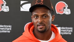 BEREA, OH - AUGUST 18: Deshaun Watson #4 of the Cleveland Browns speaks during a press conference prior to a joint practice with the Philadelphia Eagles at CrossCountry Mortgage Campus on August 18, 2022 in Berea, Ohio.   Nick Cammett/Getty Images/AFP
== FOR NEWSPAPERS, INTERNET, TELCOS & TELEVISION USE ONLY ==