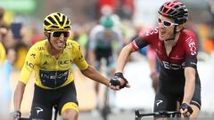VAL THORENS, FRANCE - JULY 27: Yellow jersey Egan Bernal Gomez of Colombia and Team Ineos is congratulated by teammate and title holder Geraint Thomas of Great Britain and Team Ineos few meters before the finish line during stage 20 of the 106th Tour de France 2019, a stage from Albertville to Val Thorens (59km) on July 27, 2019 in Val Thorens, France. (Photo by Jean Catuffe/Getty Images)