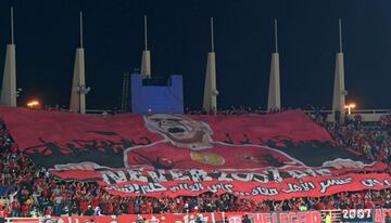 Fans of Al-Ahly hold up a banner in the stands ahead of the 2021 FIFA Club World Cup football match between Egypt's Al-Ahly and Mexico's Monterrey at al-Nahyan Stadium in Abu Dhabi, on February 5, 2022. (Photo by AFP)