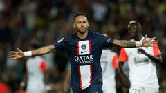 Soccer Football - Ligue 1 - Paris St Germain v Montpellier - Parc des Princes, Paris, France - August 13, 2022  Paris St Germain's Neymar celebrates scoring their fifth goal to complete his hat-trick but it was later disallowed after a VAR review REUTERS/Benoit Tessier