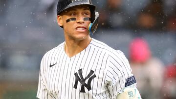 NEW YORK, NEW YORK - SEPTEMBER 24: Aaron Judge #99 of the New York Yankees reacts after being called out on strikes in the fifth inning of the game against the Arizona Diamondbacks at Yankee Stadium on September 24, 2023 in the Bronx borough of New York City.   Mike Stobe/Getty Images/AFP (Photo by Mike Stobe / GETTY IMAGES NORTH AMERICA / Getty Images via AFP)