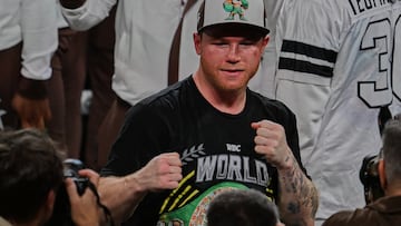 Saul -Canelo- Alvarez of Mexico during the Fight for the undisputed for the WBC, WBO and WBA super middleweight world titles against Edgar Berlanga of USA, at T-Mobile Arena, on September 14, 2024, in Las Vegas, Nevada, United States.