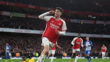 London (United Kingdom), 17/12/2023.- Arsenal'Äôs Kai Havertz celebrates after he scores the 2-0 goal during the English Premier League soccer match between Arsenal FC and Brighton & Hove Albion, in London, Britain, 17 December 2023. (Reino Unido, Londres) EFE/EPA/NEIL HALL EDITORIAL USE ONLY. No use with unauthorized audio, video, data, fixture lists, club/league logos, 'live' services or NFTs. Online in-match use limited to 120 images, no video emulation. No use in betting, games or single club/league/player publications.