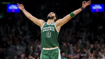 BOSTON, MA - MARCH 06 Jayson Tatum #0 of the Boston Celtics reacts after a three-point shot during a game against the Brooklyn Nets at TD Garden on March 6, 2022 in Boston, Massachusetts. NOTE TO USER: User expressly acknowledges and agrees that, by downl