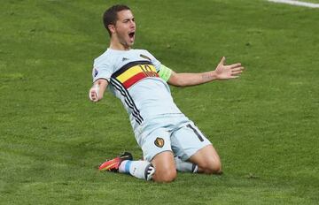 Hazard celebra su gol con Bélgica ante Hungría.