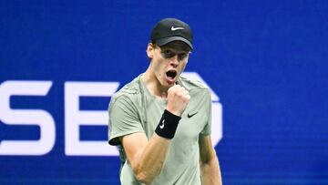 Italy's Jannik Sinner reacts as he defeated USA's Tommy Paul during their men's singles round of 16 match on day eight of the US Open tennis tournament at the USTA Billie Jean King National Tennis Center in New York City, on September 2, 2024. (Photo by ANGELA WEISS / AFP)