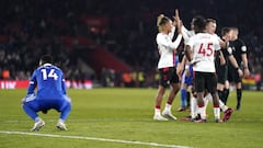 Leicester City's Kelechi Iheanacho (left) appears dejected as Southampton players celebrate after the final whistle in the Premier League match at St. Mary's Stadium, Southampton. Picture date: Saturday March 4, 2023. (Photo by Andrew Matthews/PA Images via Getty Images)