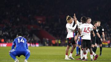 Leicester City's Kelechi Iheanacho (left) appears dejected as Southampton players celebrate after the final whistle in the Premier League match at St. Mary's Stadium, Southampton. Picture date: Saturday March 4, 2023. (Photo by Andrew Matthews/PA Images via Getty Images)