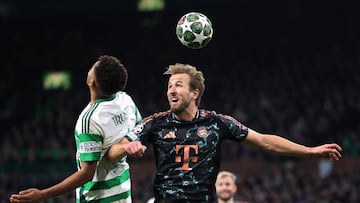 Soccer Football - Champions League - Knockout Phase Playoff - First Leg - Celtic v Bayern Munich - Celtic Park, Glasgow, Scotland, Britain - February 12, 2025 Bayern Munich's Harry Kane in action with Celtic's Auston Trusty REUTERS/Russell Cheyne