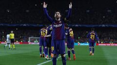 BARCELONA, SPAIN - MARCH 14: Lionel Messi of FC Barcelona celebrates after he scores his team&#039;s third goal during the UEFA Champions League Round of 16 Second Leg match FC Barcelona and Chelsea FC at Camp Nou on March 14, 2018 in Barcelona, Spain. (P