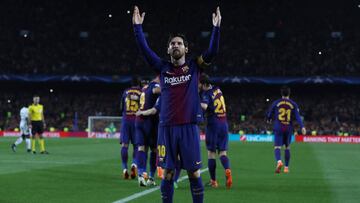 BARCELONA, SPAIN - MARCH 14: Lionel Messi of FC Barcelona celebrates after he scores his team&#039;s third goal during the UEFA Champions League Round of 16 Second Leg match FC Barcelona and Chelsea FC at Camp Nou on March 14, 2018 in Barcelona, Spain. (P
