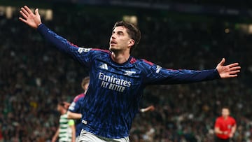 Soccer Football - UEFA Champions League - Quarter Final - First Leg - Sporting CP v Arsenal - Estadio Jose Alvalade, Lisbon, Portugal - April 7, 2026 Arsenal's Kai Havertz celebrates scoring their first goal REUTERS/Pedro Nunes