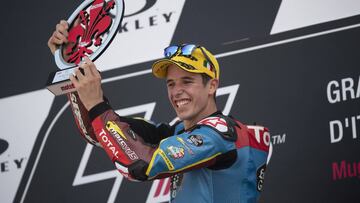 SCARPERIA, ITALY - JUNE 02: Alex Marquez of Spain and EG 0,0 Marc VDS celebrates the victory on the podium at the end of the Moto2 race during the MotoGp of Italy - Race at Mugello Circuit on June 02, 2019 in Scarperia, Italy. (Photo by Mirco Lazzari gp/Getty Images)