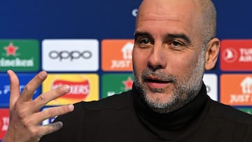 Manchester City's Spanish manager Pep Guardiola attends a press conference at Manchester City's training ground in north-west England on November 27, 2023, ahead of their UEFA Champions League Group G football match against RB Leipzig. (Photo by Paul ELLIS / AFP)