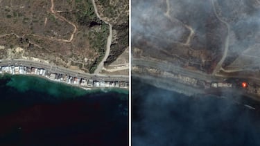 Una imagen vía satélite muestra el antes y después del incendio que azota Los Ángeles. 
