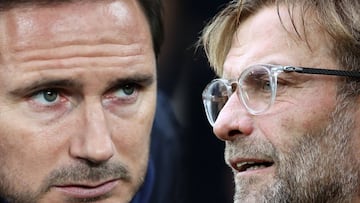 FILE PHOTO (EDITORS NOTE: COMPOSITE OF IMAGES - Image numbers 1200362670, 856402376 - GRADIENT ADDED) In this composite image a comparison has been made between Frank Lampard, Manager of Chelsea (L) and Liverpool manager Jurgen Klopp. Chelsea and Liverpoo