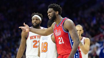 Mar 2, 2022; Philadelphia, Pennsylvania, USA; Philadelphia 76ers center Joel Embiid (21) reacts after being called for a technical foul during the second quarter against the New York Knicks at Wells Fargo Center. Mandatory Credit: Bill Streicher-USA TODAY Sports